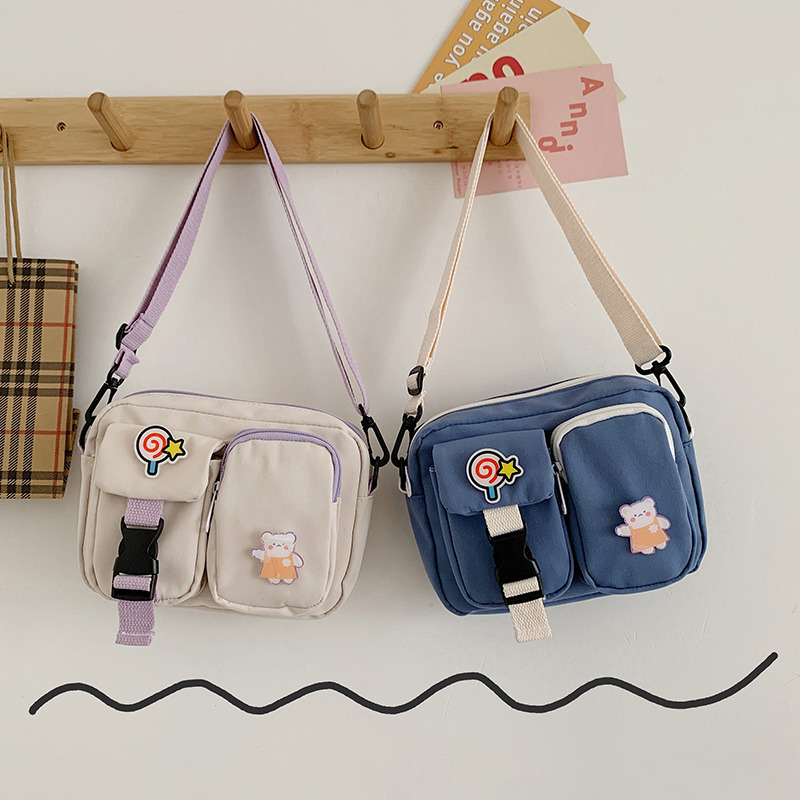 Cute Bear Double Pocket Canvas Small Bag 2020 Winter New Harajuku Style Crossbody Bag Internet Celebrity Small Square Bag