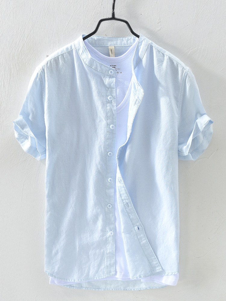 2020 new European and American ebay popular cotton and linen short-sleeved men's solid color stand collar single-breasted casual shirt men's clothing