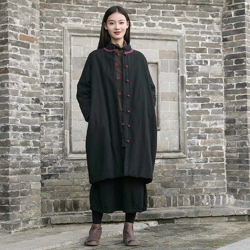 2023 Winter Neue Vintage Chinesischen Stil Vertikale Kragen Chinesischen Stil Kontrast Farbe Platte Schnalle Mittellange Baumwolle gefütterte Jacke Leinen Lose Baumwolle-pad_voghion.com