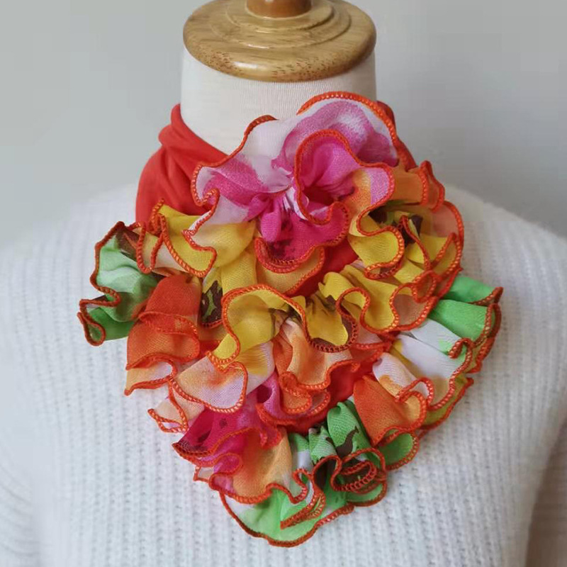 Scarf Women's Korean-style All-match Scarf Neck Protecting Headdress Fashion Collar Spring and Autumn Creative Flower Stitching Varied Silk Scarf