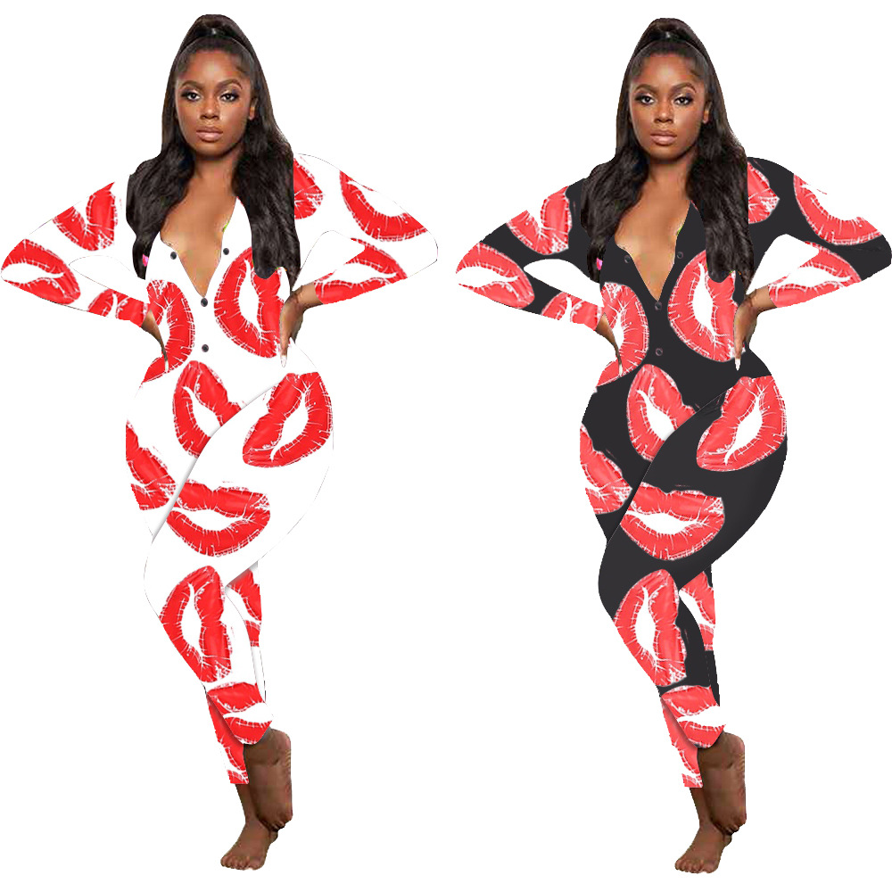 D9461 Amazon Hot Cross-border European and American Women's Casual Lip Print Long Sleeve Trousers Home Jumpsuit