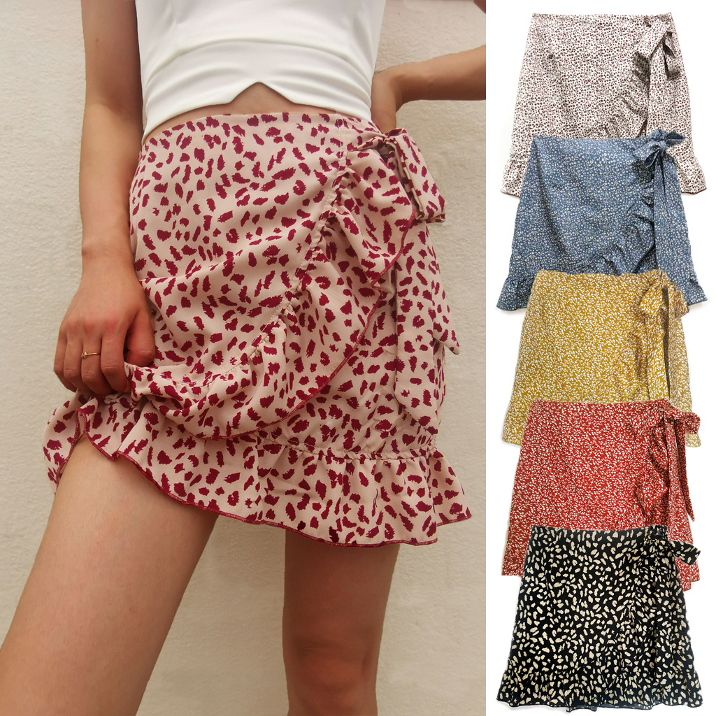 2021 Amazon Cross-border Women's High Waist Lace-up Skirt European and American Ruffled Irregular Printed Zipper Skirt