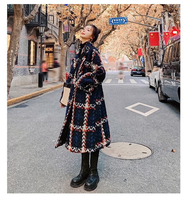Real Shot Ins Small Style Kontrastfarbe Plaid Eleganter Anzugkragen Lockerer gerader Schlauch Mittellanger grober Wollmantel für Damen_voghion.com