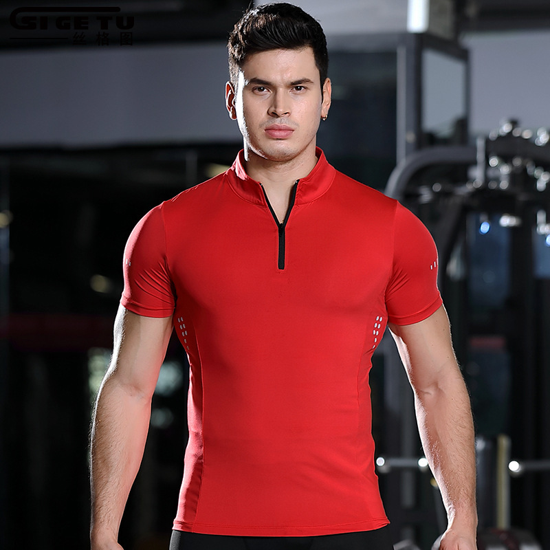 2023 New Fitness Clothes Men's High Collar Zipper Tight Quick-drying Sports T-shirt Outdoor Casual Running Polo Shirt