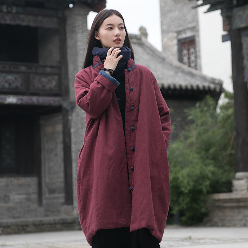 2023 Winter Neue Vintage Chinesischen Stil Vertikale Kragen Chinesischen Stil Kontrast Farbe Platte Schnalle Mittellange Baumwolle gefütterte Jacke Leinen Lose Baumwolle-pad_voghion.com