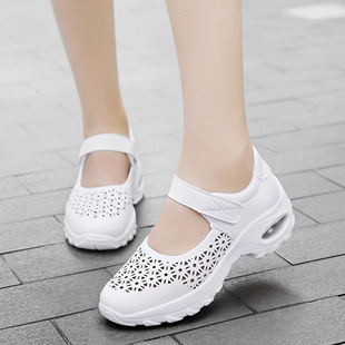 Summer Hollow Breathable Nurse Shoes Air Cushion Women's Shoes Rocking Shoes White Platform Casual Shoes Low Mouth Velcro Shoes