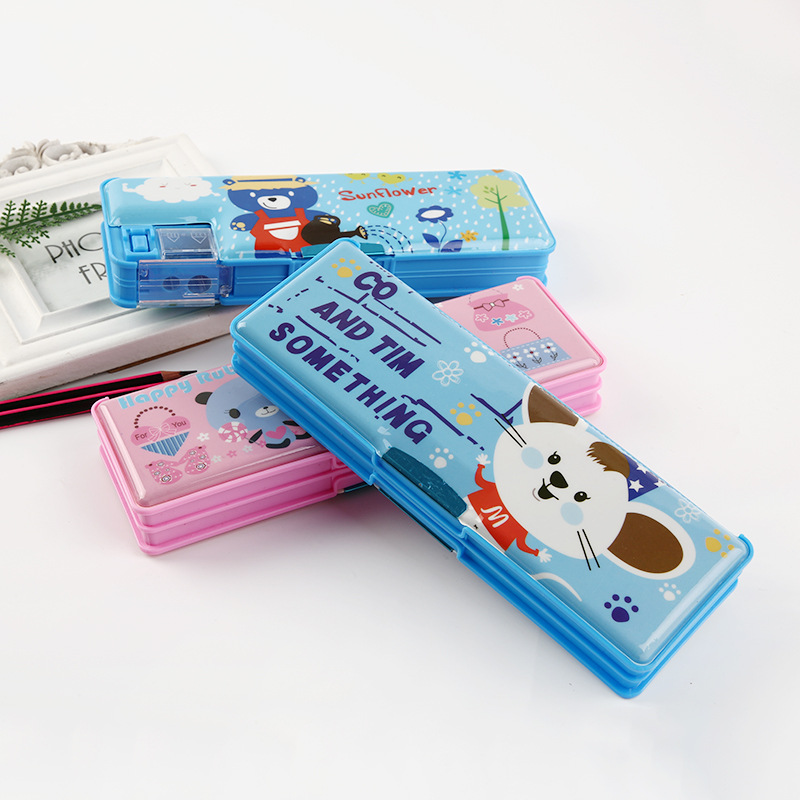 Multifunctional children's pencil case cartoon pencil case with pencil sharpener double open plastic pencil case for primary school students