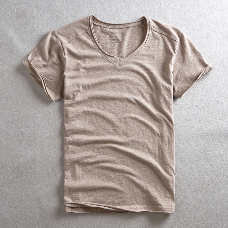 2023 summer men's T-shirt short sleeve V-neck slub cotton casual solid color thin cotton T-shirt men's wholesale a generation of hair