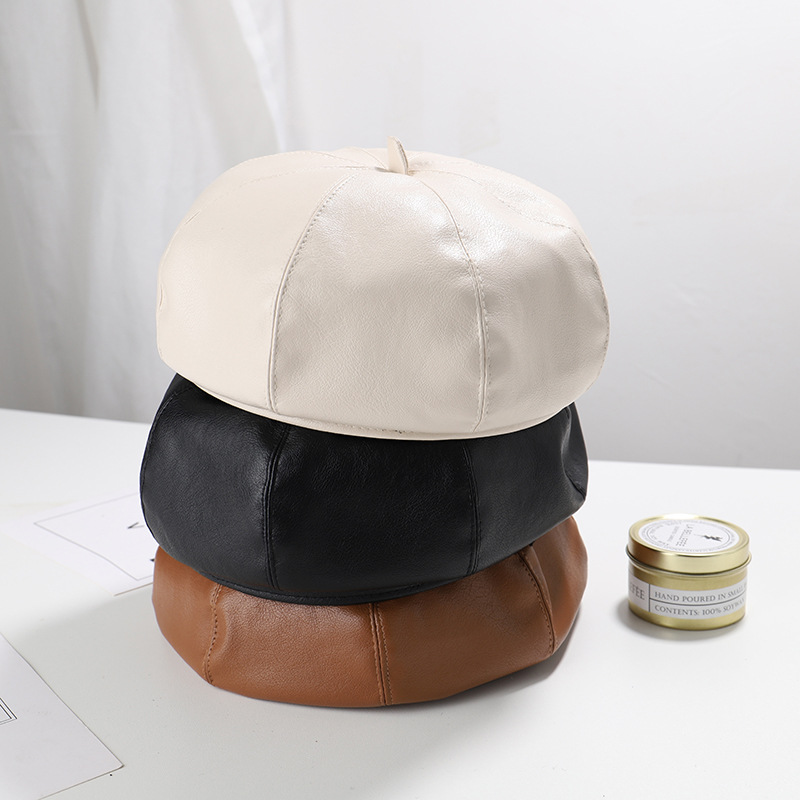 Black PU leather baby pumpkin hat Korean Japanese British retro painter hat cute children beret for children