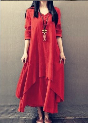 2020 Summer new fake two-piece long skirt artistic large swing linen dress loose long sleeve cotton linen skirt