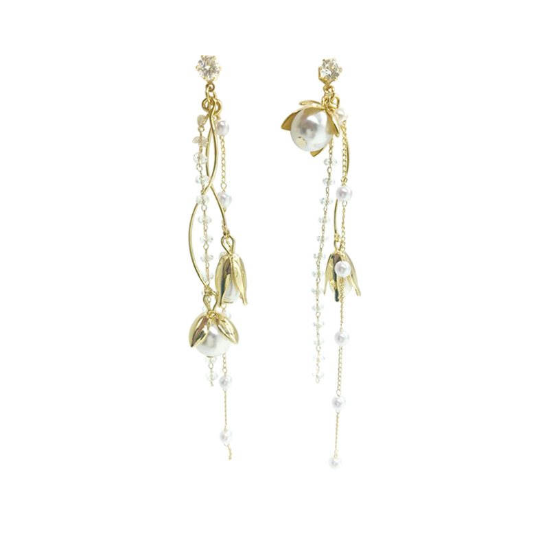 Korean Super Fairy Elegant Long Tassel Earrings Women's Rose Flower Pearl Earrings for Face Skinny Retro Earrings Earrings