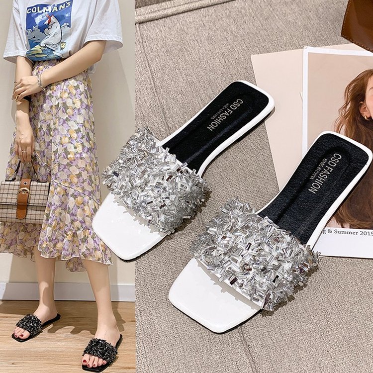 slippers women's 2020 Summer New Arrival Straight Sequin Low Heel Fashionable Korean Style women's slippers