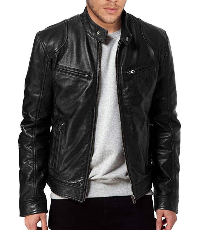 2022 Spring New Men's Stand Collar Slim Fit Leather Jacket Zipper Pocket Decorative pu Leather Biker Men's Jacket