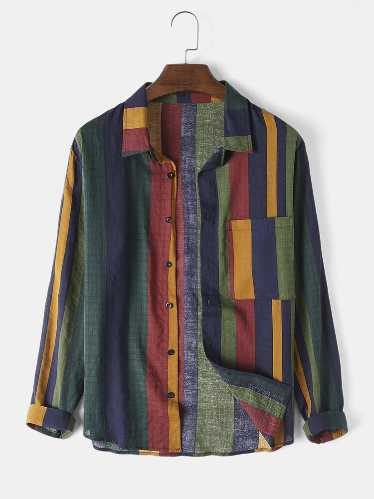 Explosions Men's Striped Shirt 2020 Men's Contrast Color Striped Cotton and Linen Belt Breathable Long Sleeve Shirt in stock