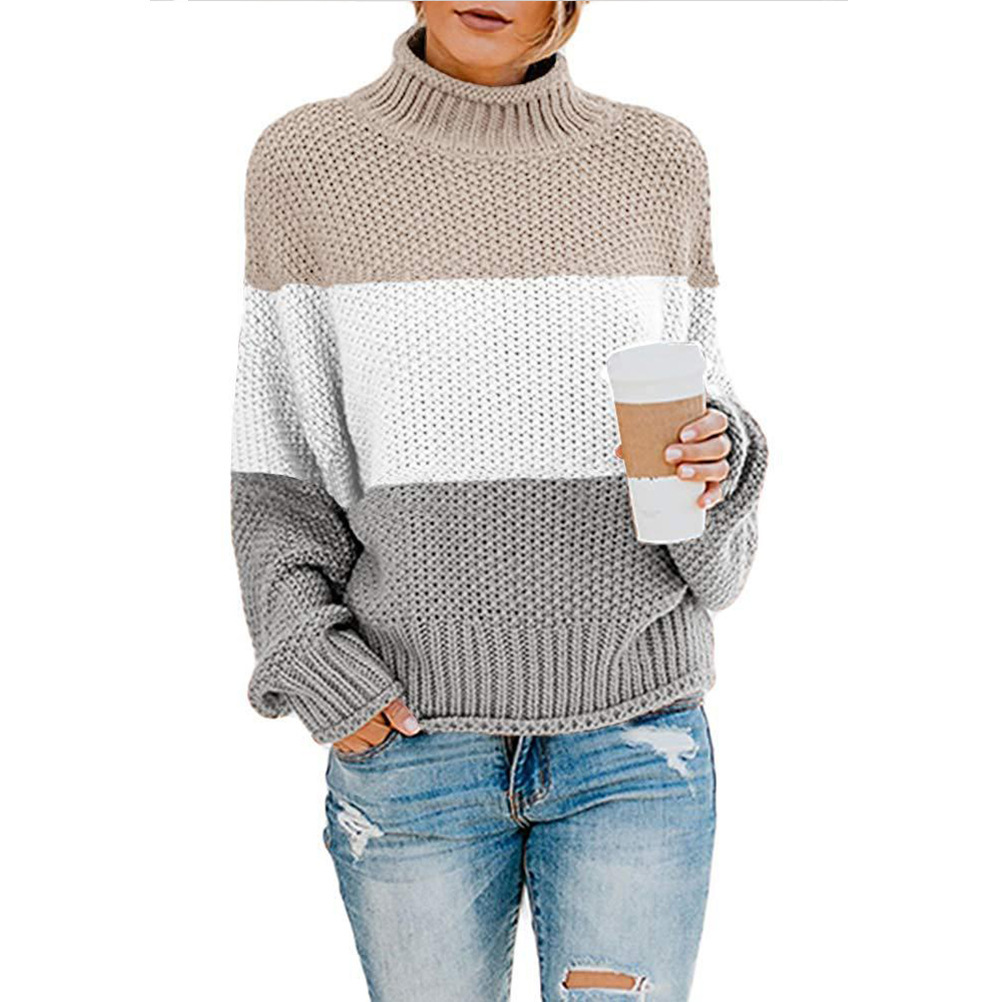 2024 cross-border wish autumn and winter new sweater sweater foreign trade women's Amazon thick line color matching high collar pullover