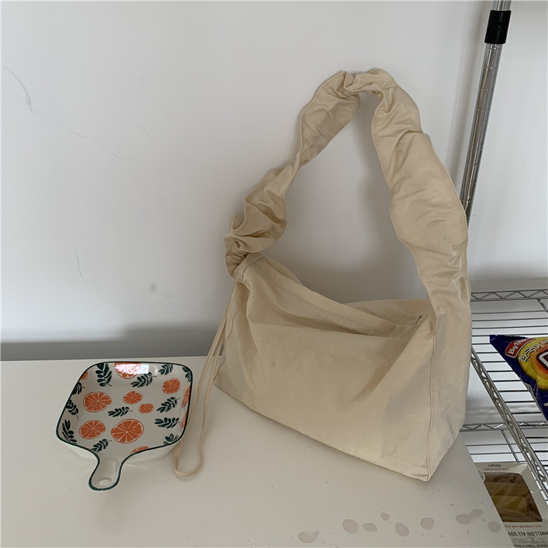Canvas Bag Women's Korean-style Single-shoulder Pleated Drawstring Canvas Bag Small Fresh Artistic Solid Color Portable Crossbody Casual Women's Bag_voghion.com