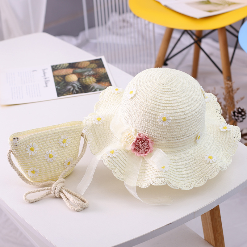 Chapeau de paille pour fille, chapeau d'été en ruban de paille, chapeau pare-soleil à fleurs, chapeau de pêcheur, ensemble de sacs de protection solaire parent-enfant_voghion.com