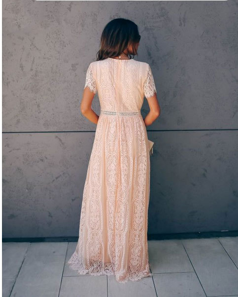 2020 Summer new European and American foreign trade Women's Amazon V-neck short sleeve hollow sexy lace lace dress