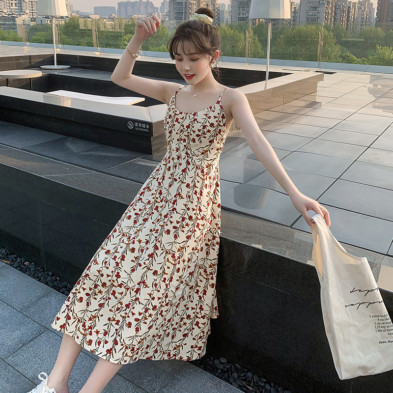 Floral Sling Dress Women's 2021 New Summer Fashion A- line Dress Korean Style Fashionable Mid-length Dress Women's Dress
