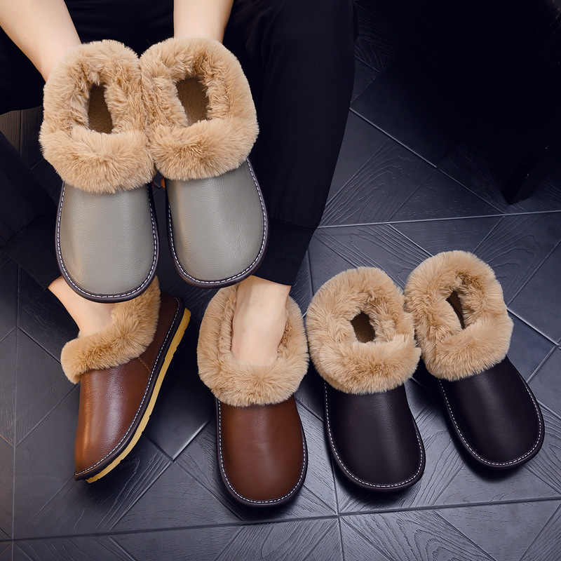 Full-bag leather cotton slippers with heel winter cowhide for the elderly home indoor anti-slip velvet warm cotton shoes