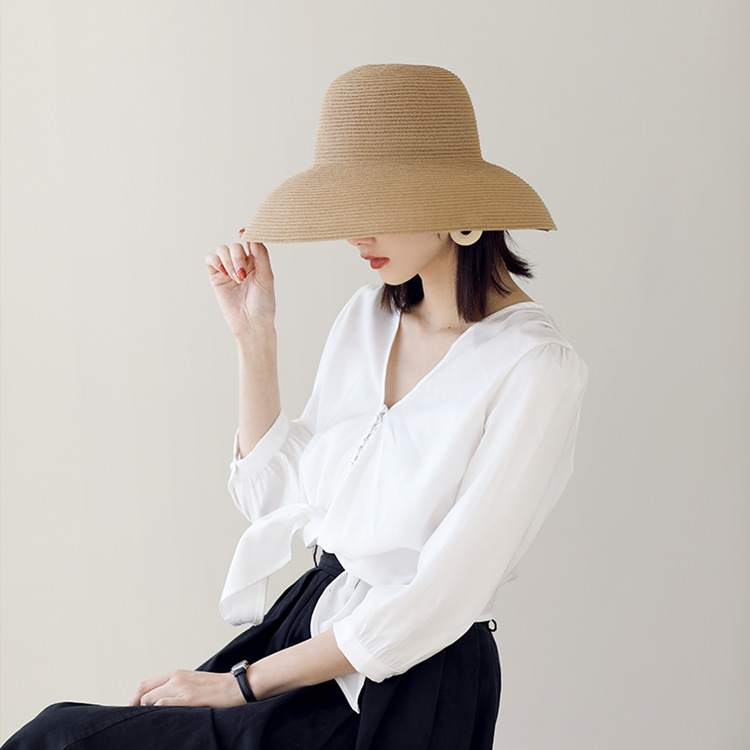Straw hat women's summer big brim French sunscreen Hepburn wind sun hat beach fisherman hat foldable sun hat children