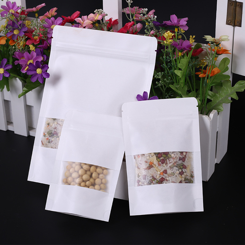 Factory wholesale kraft packaging paper bag window transparent frosted self-sealing bag white food packaging bag sealed bag