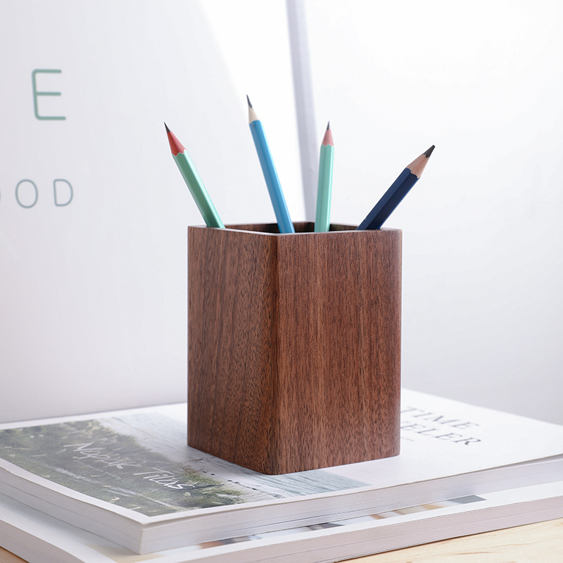 Solid Wood Creative Pen Container Black Walnut Desktop Storage Box Simple Japanese Style Learning Office Stationery Gifts
