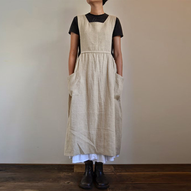 2023 Cross-border Source ebay Women's Cotton and Linen Apron High Waist Long Wai Home Clothes Loose Long Dress