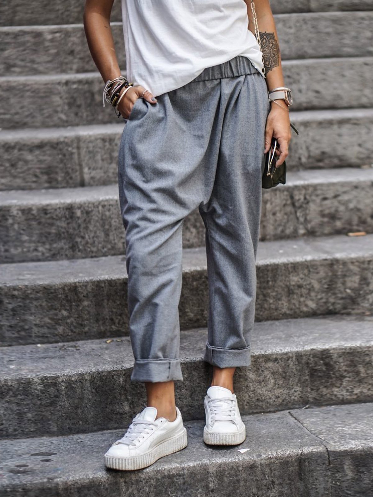 Cross-border supply AliExpress new hot solid color casual elastic high waist Harlan trousers factory direct sales