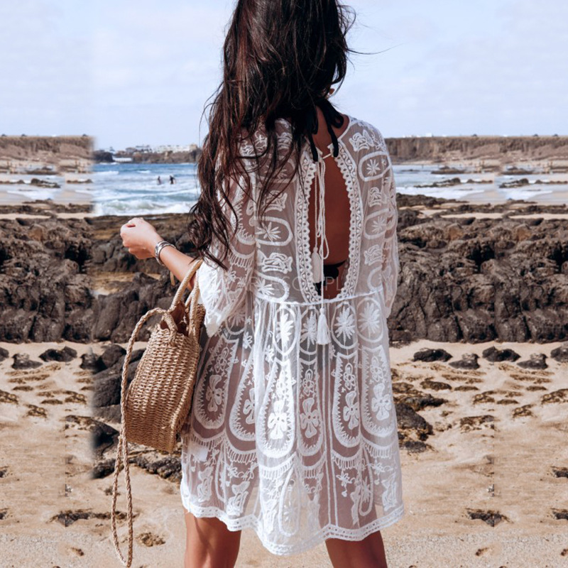 European and American Sexy Lace Embroidery Hollow Beach Women's Backless Casual Vacation Bikini Sunscreen Blouse