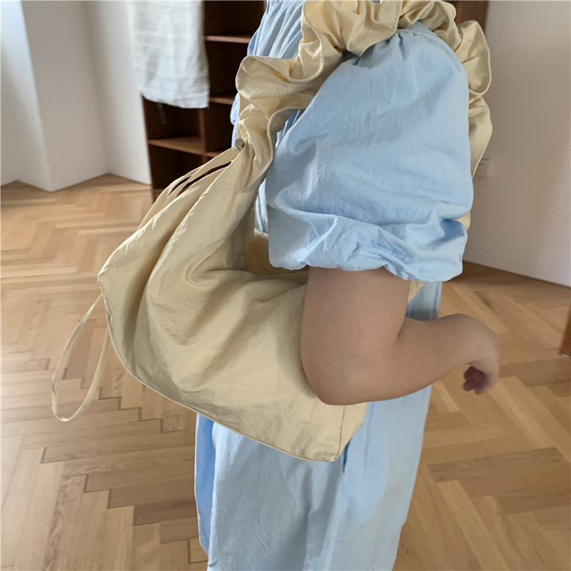 Canvas Bag Women's Korean-style Single-shoulder Pleated Drawstring Canvas Bag Small Fresh Artistic Solid Color Portable Crossbody Casual Women's Bag_voghion.com