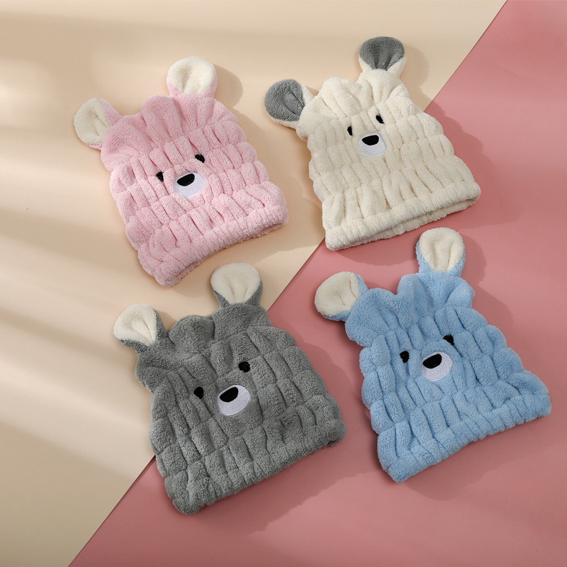 Shulando coral fleece cartoon hair hat hair hat female absorbent cute bear children hair hat wholesale