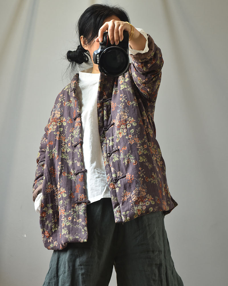 Naran/original plus size cotton and linen women's clothing Chinese cardigan stand collar casual cotton-padded clothes vintage printed warm cotton-padd_voghion.com