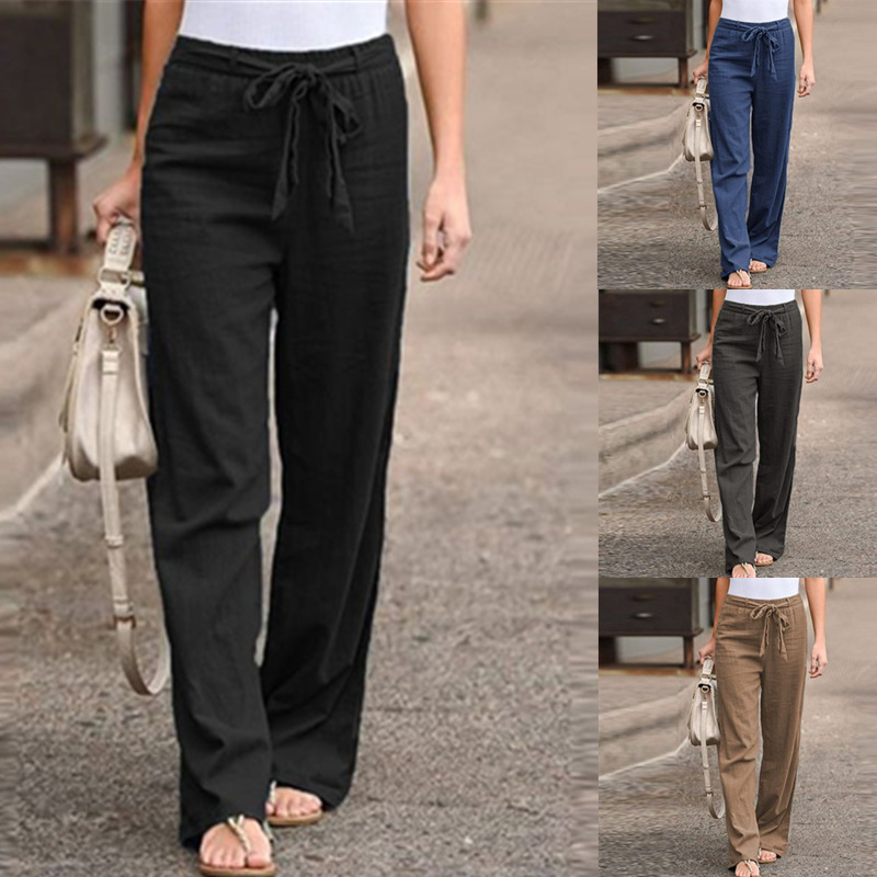 2023 cross-border women's wear wish AliExpress summer elastic waist solid color cotton linen wide leg pants loose trousers for women