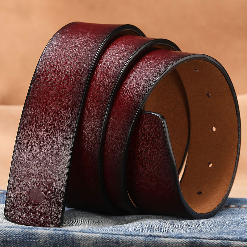 Plate Mouth Men's Genuine Leather Smooth Buckle Strip Cowhide Headless Belt Belt Men's Vintage Belt with Buckle Perforated