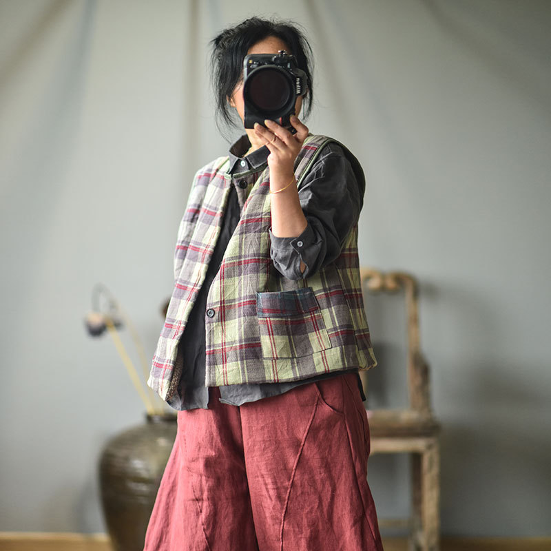 Gege/Original Cotton and Linen Women's Clothing Spring Autumn and Winter Lamb Velvet Thickened Cotton Vest Vintage Warm Shoulder Vest