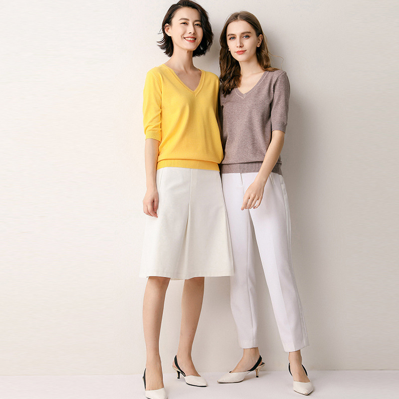 Summer Short-sleeved Women's T-shirt Women's Western-style Sweater Knitted Shirt V-neck Half-sleeve Trendy Korean-style Loose Base Shirt T-shirt