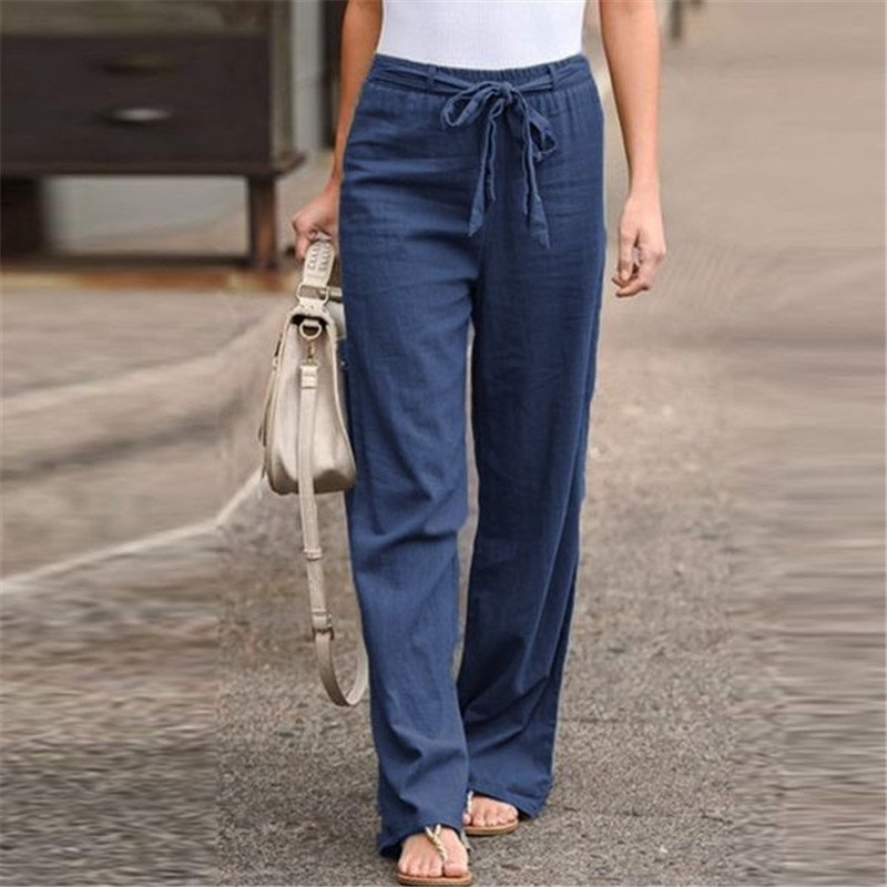 2023 cross-border women's wear wish AliExpress summer elastic waist solid color cotton linen wide leg pants loose trousers for women