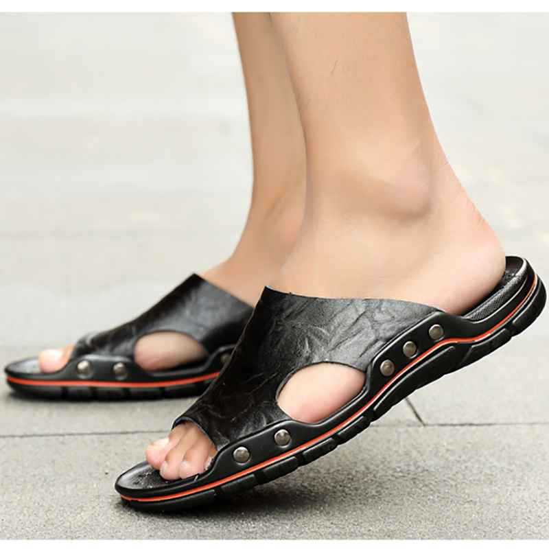 2020 Summer New Style Cool Breathable Men's Shoes Slide Slippers Beach Sandals Leather Top Large Size 48 Men's Trendy Shoes