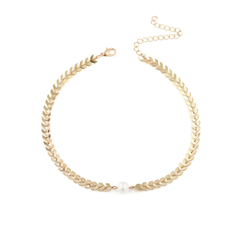 2020 European and American cross-border necklace personalized simple European style trendy necklace Fishbone pearl pendant simple clavicle chain