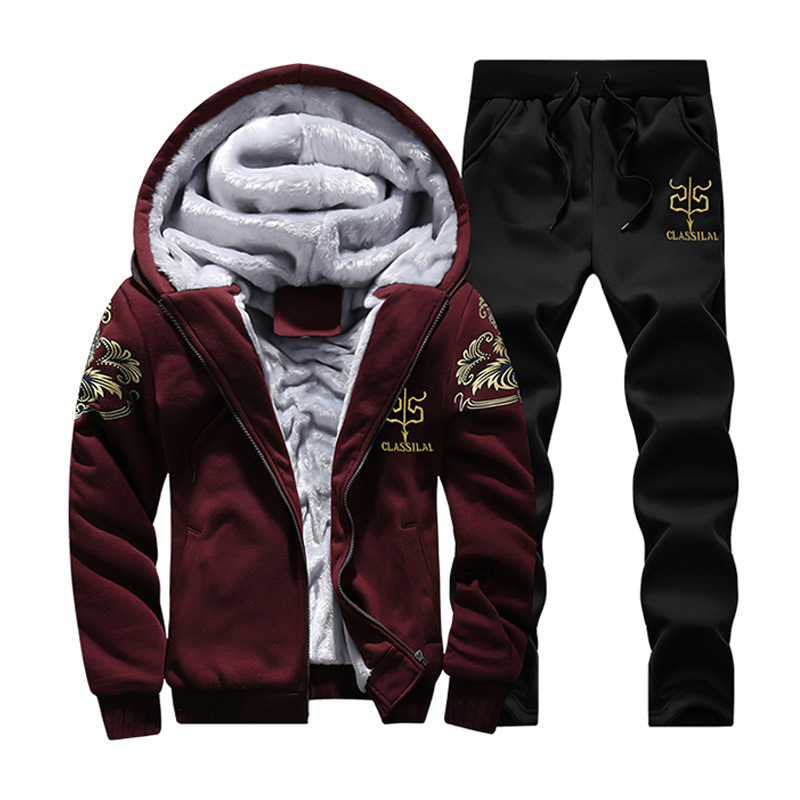 Autumn and winter new men's velvet padded middle-aged and elderly hooded casual suit Korean men's two-piece sportswear
