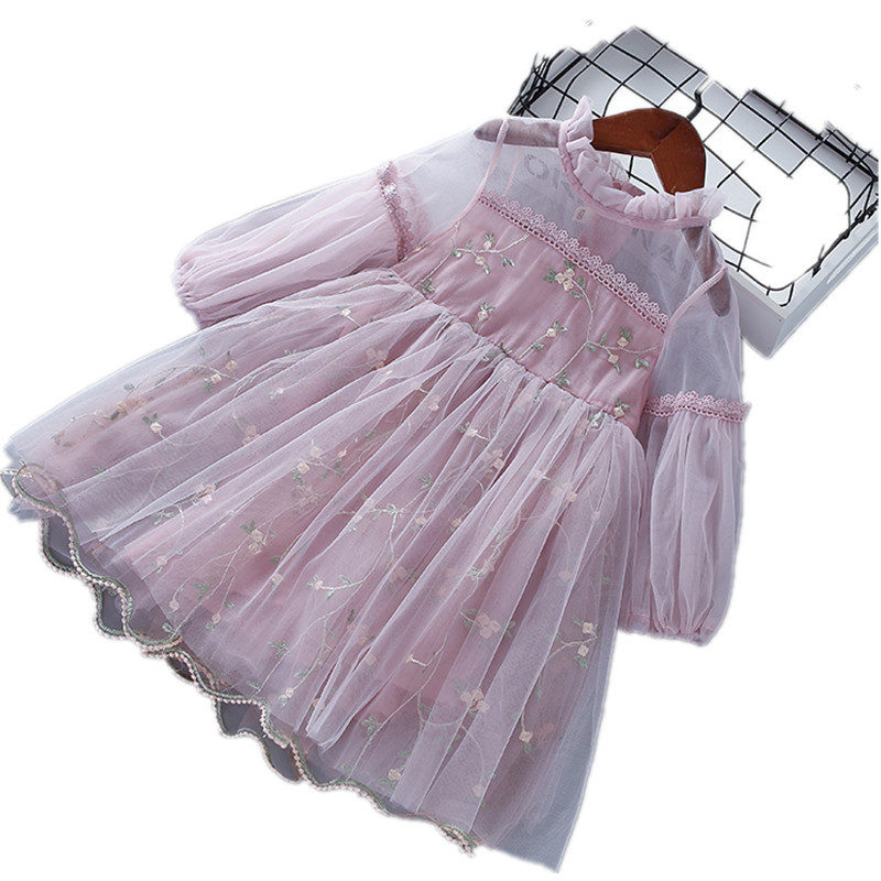 Spring and autumn new children's skirt lace mesh embroidery bubble sleeve long sleeve girls dress Korean version of a generation of hair
