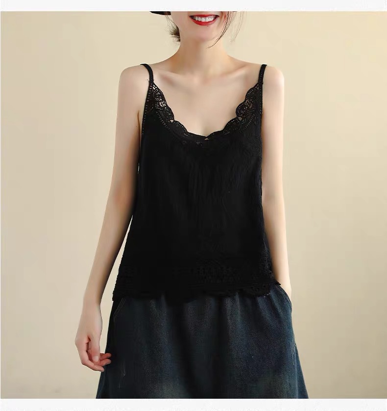 Cotton Artistic Lace Hollow Lace Camisole Summer New Style Loose Simple Inner Base Shirt Top