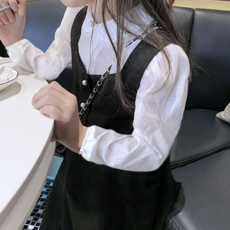 Children's Clothing 2023 Spring and Autumn Girls' Seersucker Shirt Vest Skirt Baby Strap Dress Two-piece Suit Fashion