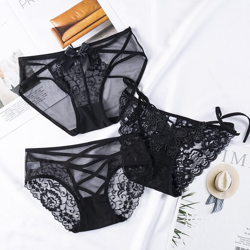 2020 new sexy lace underwear women's hollow bow mesh seductive sexy low waist briefs wholesale