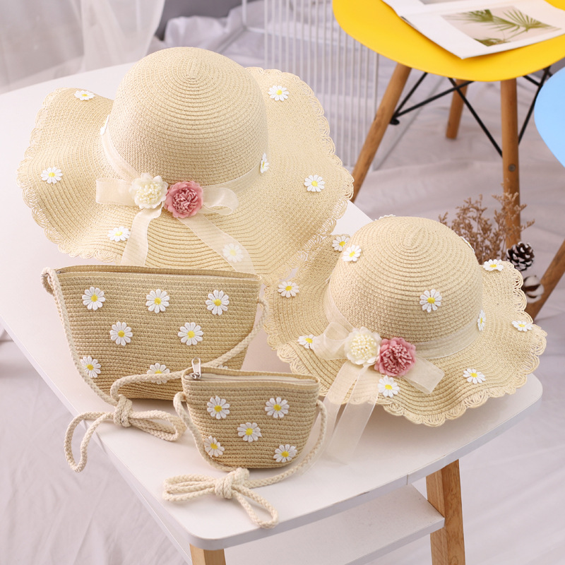 Chapeau de paille pour fille, chapeau d'été en ruban de paille, chapeau pare-soleil à fleurs, chapeau de pêcheur, ensemble de sacs de protection solaire parent-enfant_voghion.com