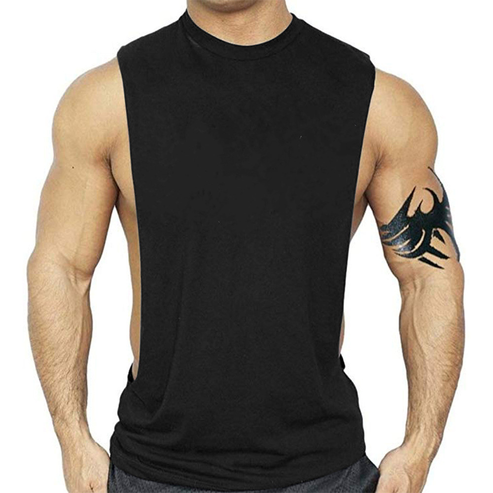 European and American Men's Fitness T-shirt sports waistcoat deep digging vest summer European size cotton solid color round neck T-shirt one-piece delivery