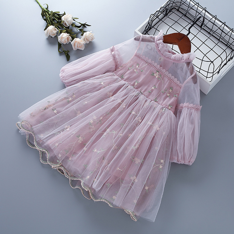 Spring and autumn new children's skirt lace mesh embroidery bubble sleeve long sleeve girls dress Korean version of a generation of hair