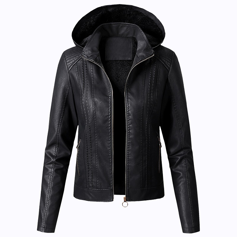 2022 Amazon wish popular European and American fashion jacket lapel solid color zipper leather coat plus size short coat for women