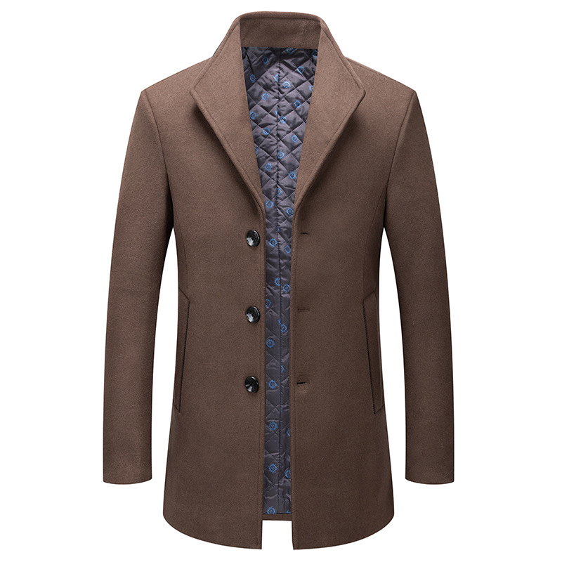 Autumn and Winter new mid-length woolen coat men's fashion cotton-padded non-ironing wool coat coat stand lapel woolen men